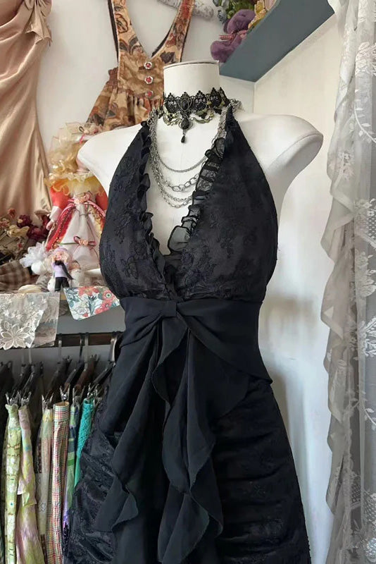 Black Halter V Neck Long Prom Dress,Long Evening Gowns CHP0439