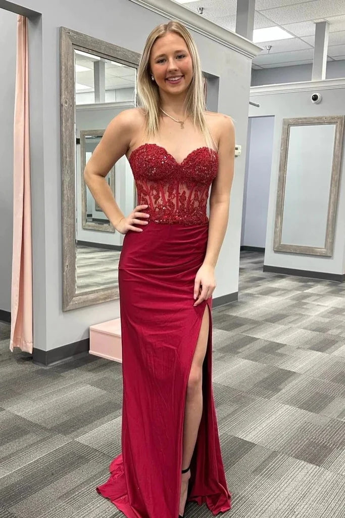 Burgundy Strapless Mermaid Applique Prom Dress with Slit, Evening Gown CHP0311