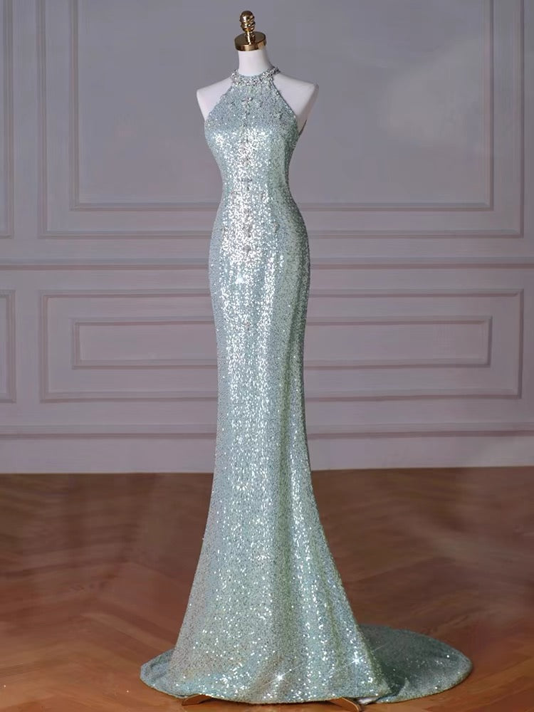 Mint Green Sequins Removable Sleeves Halter Long Prom Gown, Formal Dresses CHP0337