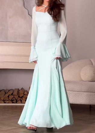 Blue Chiffon Long Sleeves Prom Dress With Ruffles, Long Evening Dresses CHP0428