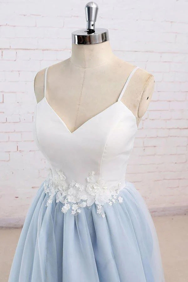 Spaghetti Straps Sweep Train Backless Light Blue Tulle Prom Dress, Formal Dresses CHP0301