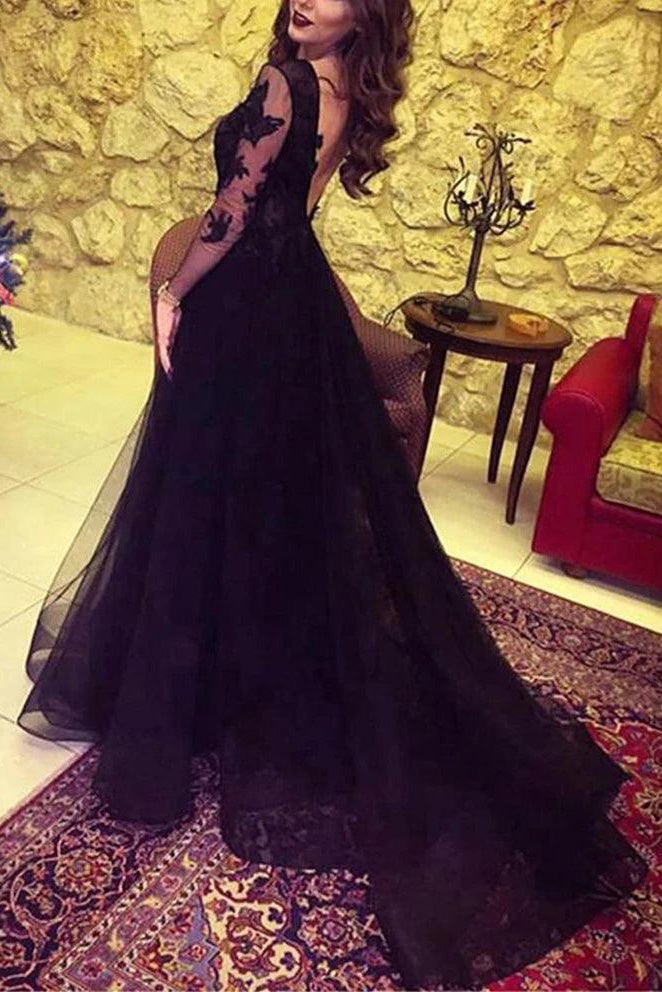 Glamorous Black Lace Long-Sleeve Evening Dress, Prom Dress With Slit C cherishgirls Glamorous Black Lace Long-Sleeve Evening Dress, Prom Dress With Slit C cherishgirls