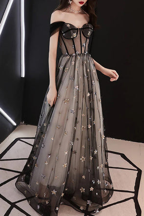 Gorgeous Off Shoulder A-Line Black Long Prom Dress with Stars CHP0246