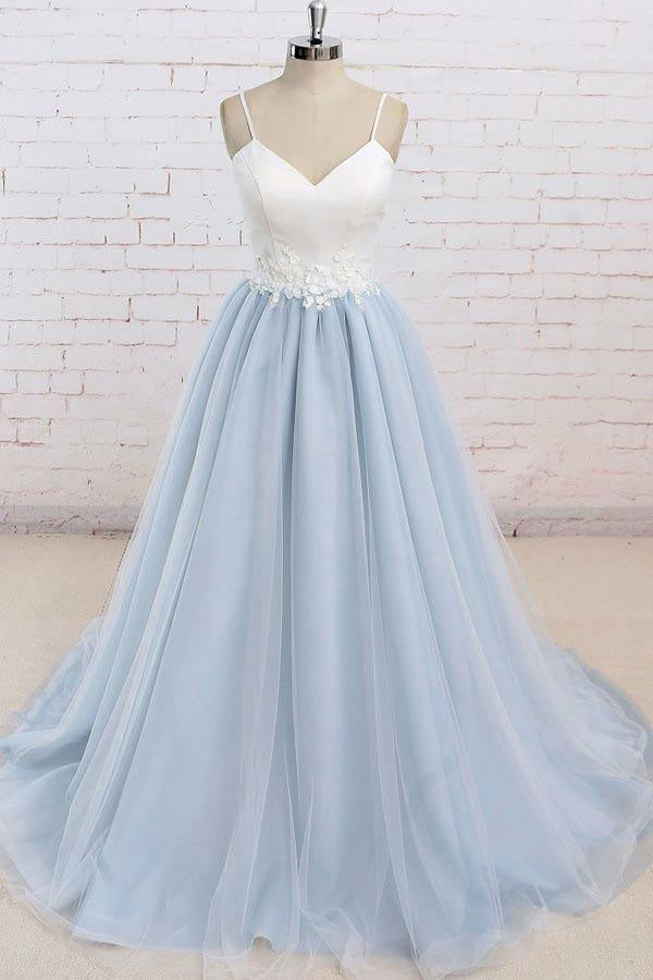 Spaghetti Straps Sweep Train Backless Light Blue Tulle Prom Dress, Formal Dresses CHP0301