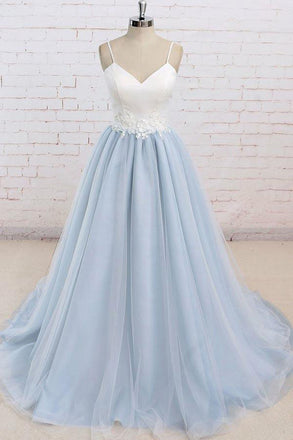 Spaghetti Straps Sweep Train Backless Light Blue Tulle Prom Dress, Formal Dresses CHP0301