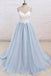 Spaghetti Straps Sweep Train Backless Light Blue Tulle Prom Dress, Formal Dresses CHP0301