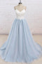 Spaghetti Straps Sweep Train Backless Light Blue Tulle Prom Dress, Formal Dresses CHP0301