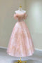 Pink Tulle Lace Short A-Line Prom Dress, Cute Off the Shoulder Party Dress CHP0319
