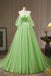 Off The Shoulder A Line Tulle Long Prom Dress, Green Formal Gown With Sequins CHP0296