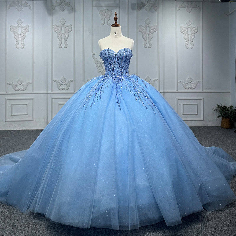 Shiny Ball Gown Blue Tulle A-Line Long Party Prom Dresses,Evening Dress CHP0361