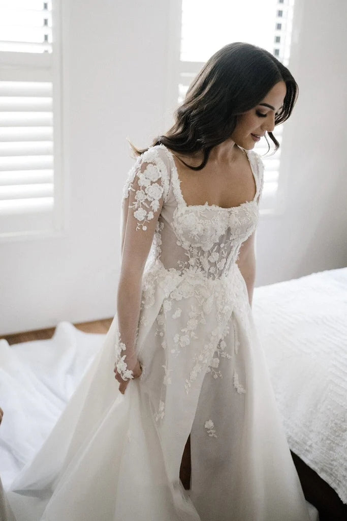 Unique Lace Applique Long Sleeves A-Line Wedding Dresses, Bridal Gown cherishgirls Unique Lace Applique Long Sleeves A-Line Wedding Dresses, Bridal Gown cherishgirls