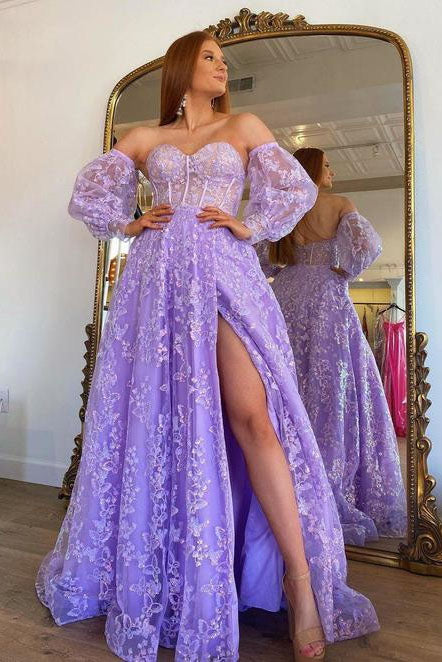Sweetheart Lilac Long Prom Dresses Embroidered Butterfly Detachable Sleeves Lavender Formal Evening Gown CHP0327