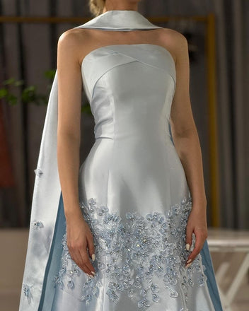 Classy A Line Strapless Light Blue Satin Long Prom Dresses,Formal Dress CHP0427