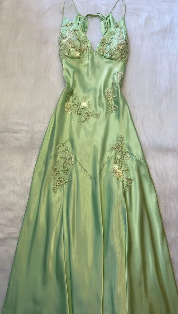 Unique Green Spaghetti Straps Long Prom Dress, Long Evening Gowns CHP0441