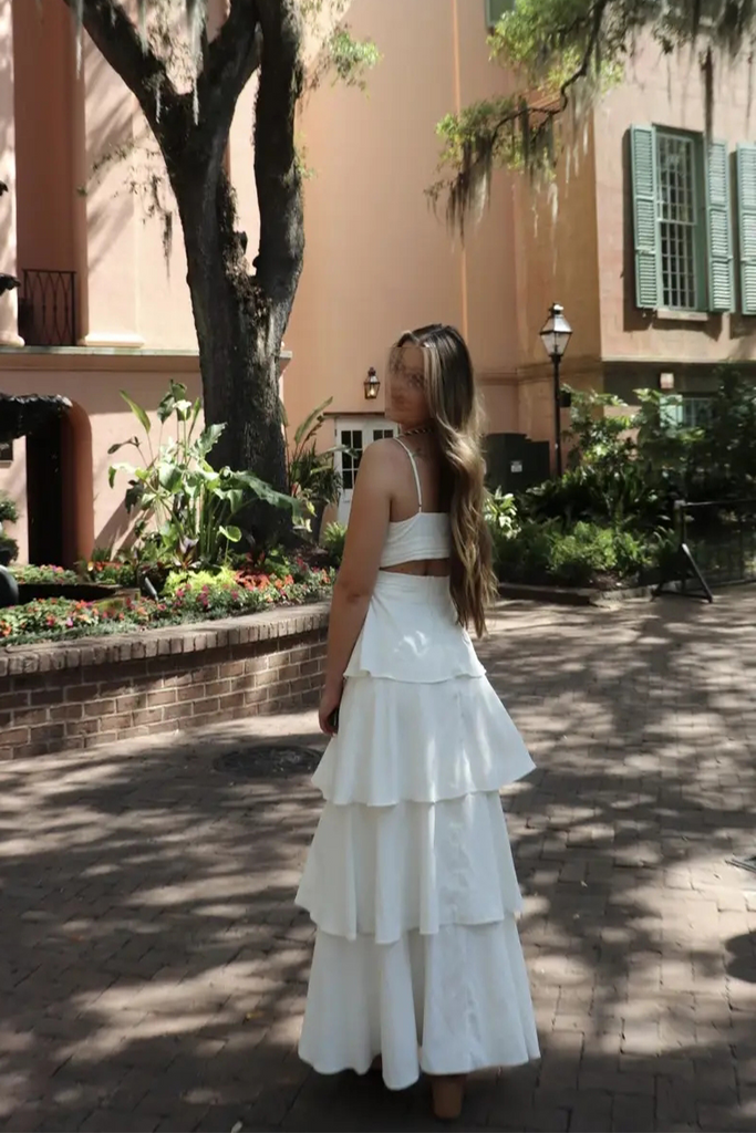 Gorgeous White Spaghetti Straps Long Prom Dress With Ruffles, Formal Dress CHP0240