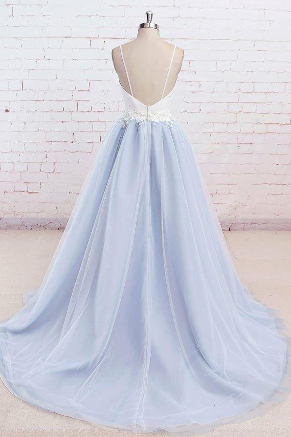 Spaghetti Straps Sweep Train Backless Light Blue Tulle Prom Dress, Formal Dresses CHP0301