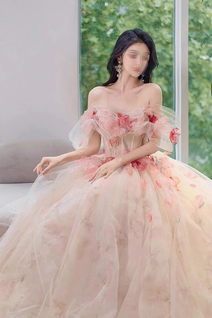 Princess Tulle Off The Shoulder Prom Dress With Flowers, Charming Tulle Party Gown CHP0292