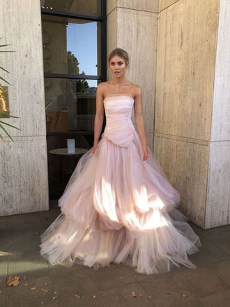 Strapless Pink Tulle A-Line Prom Dresses, Party Dress CHP0424