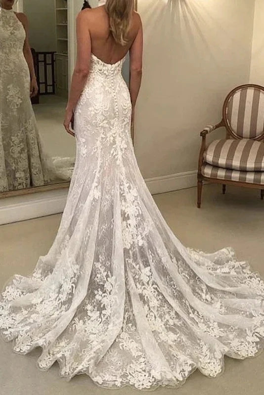 Charming Halter Sleeveless Mermaid Wedding Dress, Backless Lace Bridal cherishgirls Charming Halter Sleeveless Mermaid Wedding Dress, Backless Lace Bridal cherishgirls