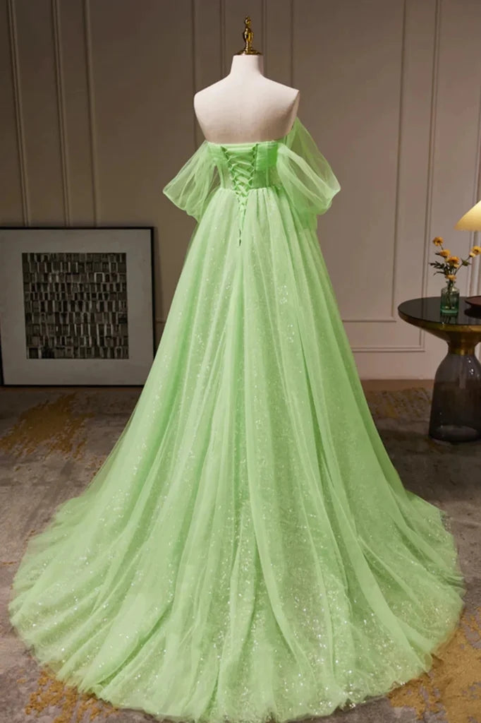 Off The Shoulder A Line Tulle Long Prom Dress, Green Formal Gown With Sequins CHP0296