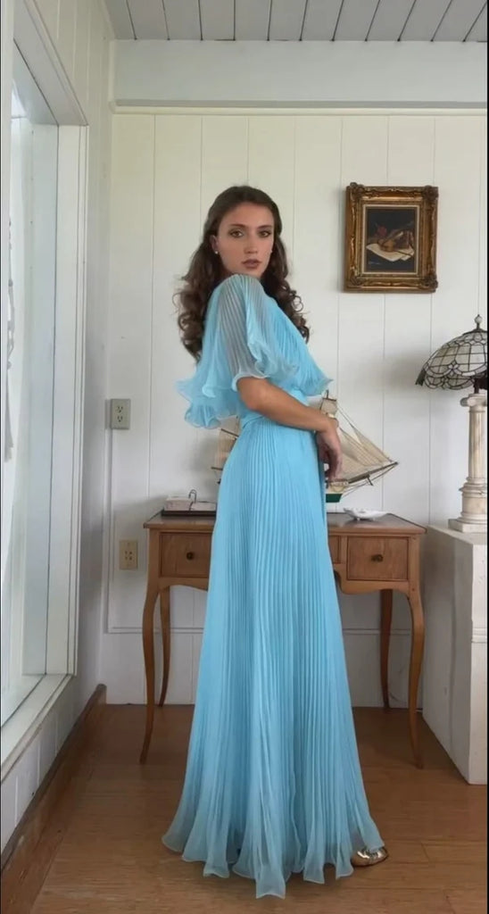 A Line Blue Pleated Chiffon Long Evening Dress, Party Dresses with Ruffles CHP0436