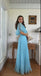 A Line Blue Pleated Chiffon Long Evening Dress, Party Dresses with Ruffles CHP0436