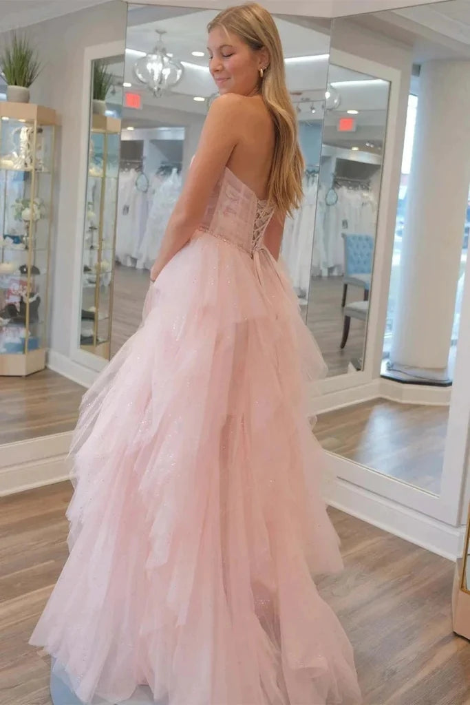 Strapless Light Pink Sequin Beaded Tulle Stunning Prom Dress, Evening Gown CHP0309