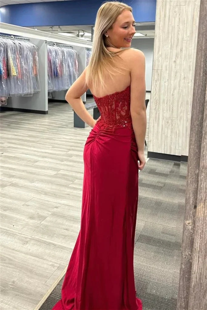 Burgundy Strapless Mermaid Applique Prom Dress with Slit, Evening Gown CHP0311