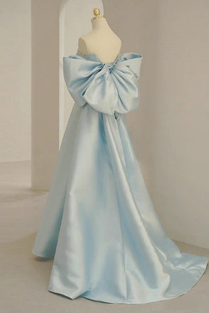 Sky Blue Strapless Satin Long Prom Dress With Bowknot, A Line Evening Gown CHP0333