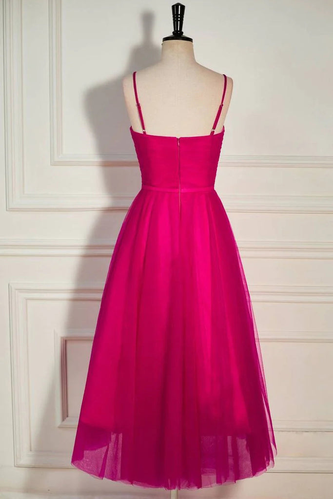Fuchsia Pink Straps A-line Tulle Tea-Length Prom Dress, Evening Dress CHP0306
