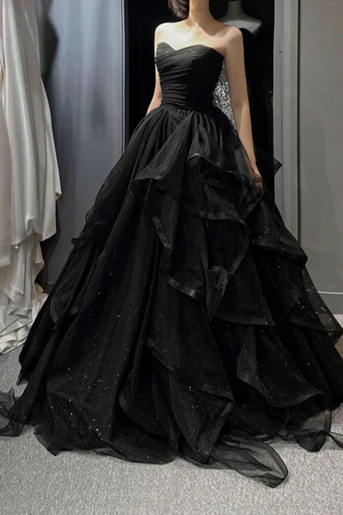 Black A-Line Tulle Layers Long Prom Dress, Strapless Evening Dress CHP0320