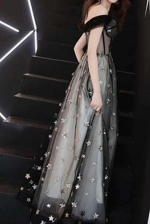 Gorgeous Off Shoulder A-Line Black Tulle Long Prom Dress with Stars CHP0246