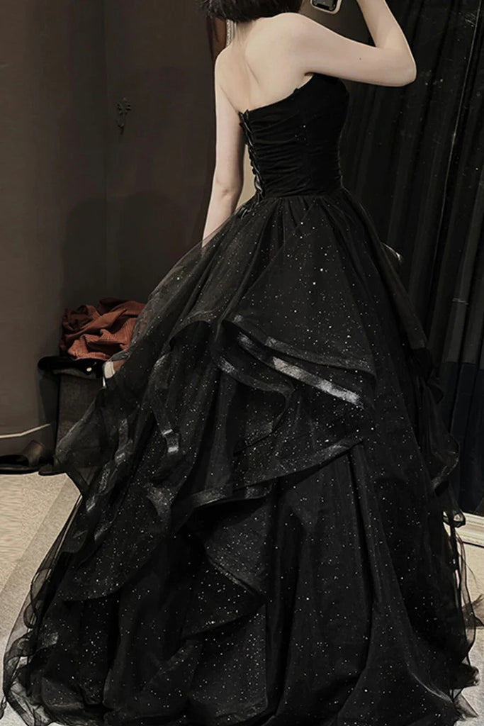 Black A-Line Tulle Layers Long Prom Dress, Strapless Evening Dress CHP0320