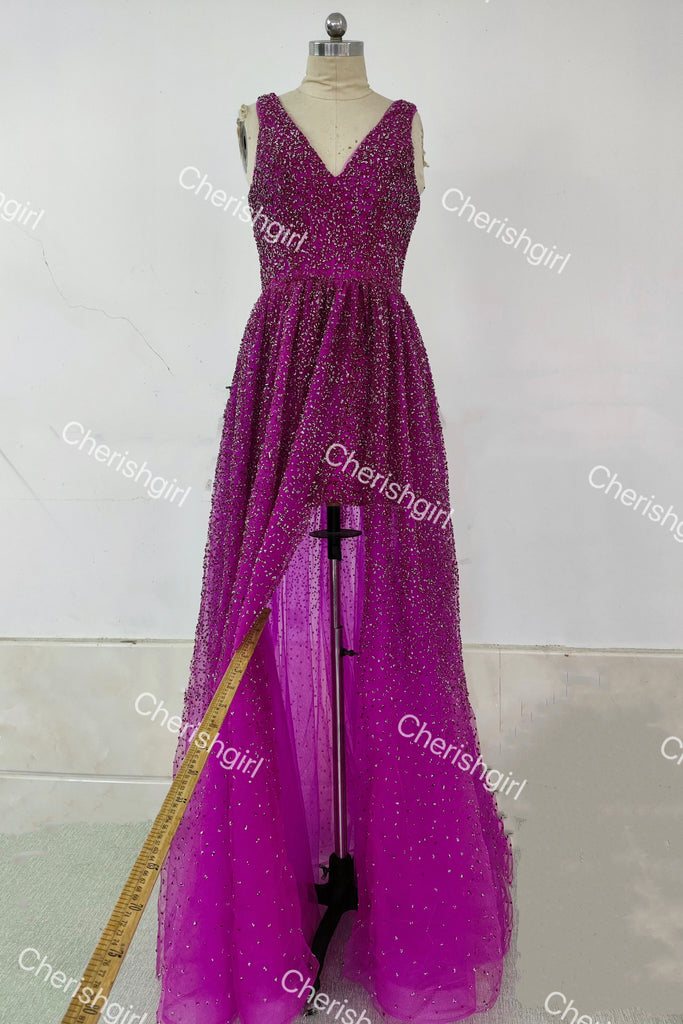 Shiny Purple Deep V Neck Long Prom Dress, Formal Dress with Slit CHP0282