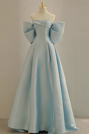 Sky Blue Strapless Satin Long Prom Dress With Bowknot, A Line Evening Gown CHP0333