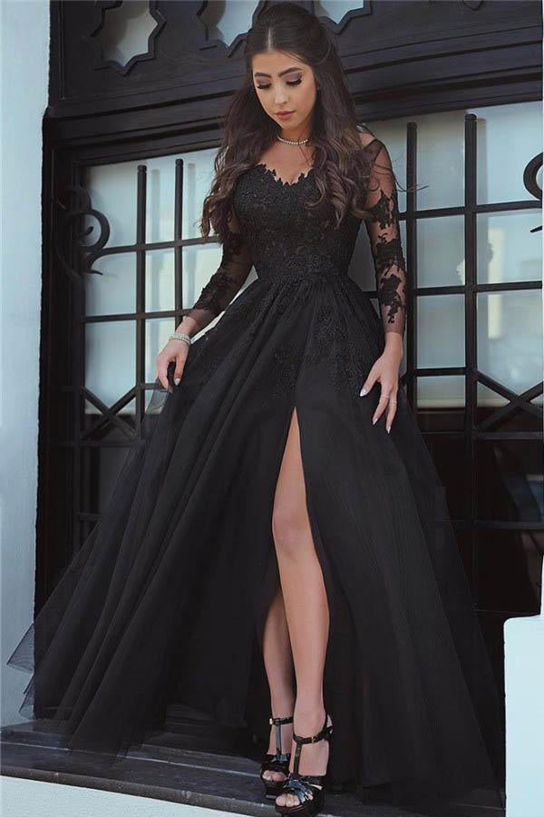 Glamorous Black Lace Long-Sleeve Evening Dress, Prom Dress With Slit CHP0248