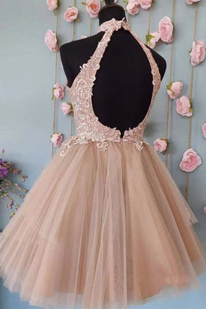 Halter Open Back Short Lace Prom Dress, Formal Graduation Dress, Sweet 16 Dresses chh0177