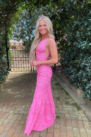 Hot Pink Mermaid Deep V-Neck Prom Dress With Appliques, Long Formal Dresses CHP0300