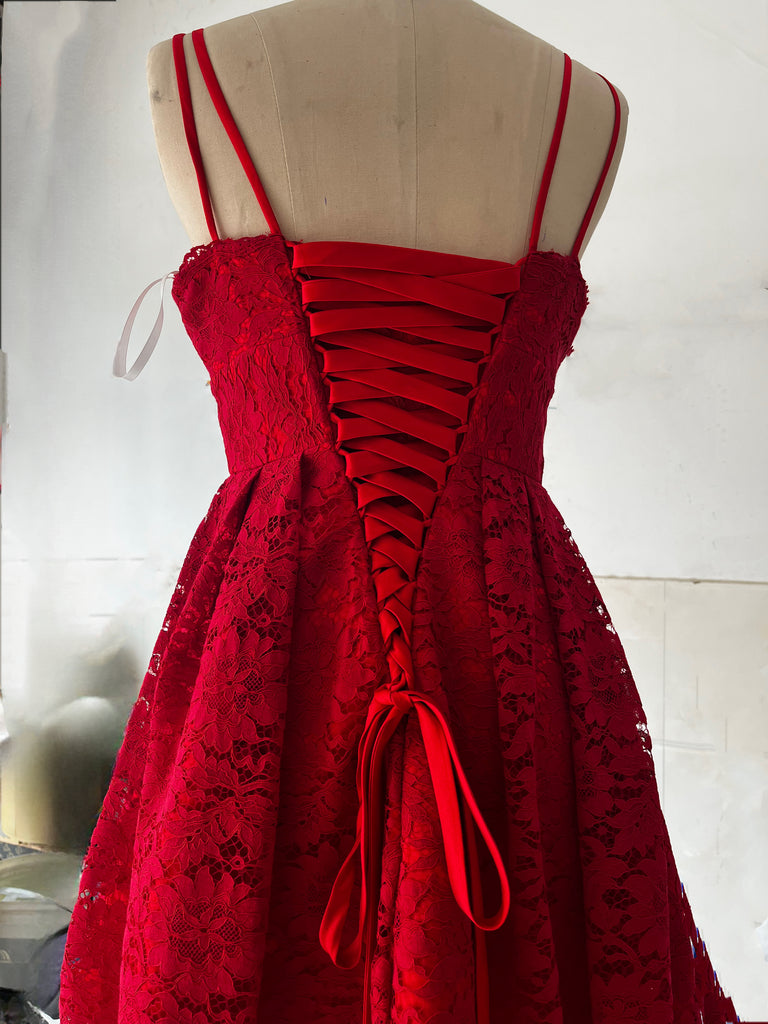 Red Spaghetti Straps Lace Homecoming Gown, Mini Lace Dress, A Line Par cherishgirls Red Spaghetti Straps Lace Homecoming Gown, Mini Lace Dress, A Line Par cherishgirls