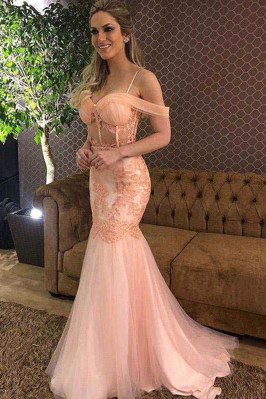 Mermaid Off The Shoulder Tulle Lace Appliqued Long Formal Gown, Prom Dresses CHP0299
