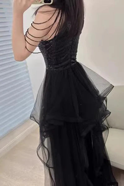 Black Sleeveless Sequined Long Prom Dress With Ruffles, Mermaid Party Gown CHP0344