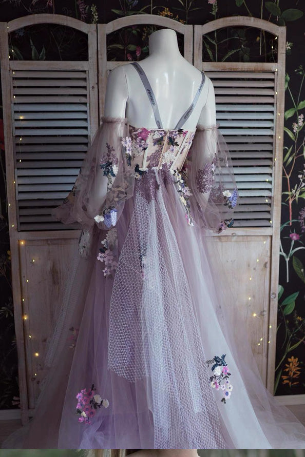 Elegant Dusty Lavender Floral Spaghetti Strap Sweetheart A-line Tulle Long Prom Dress  CHP0219