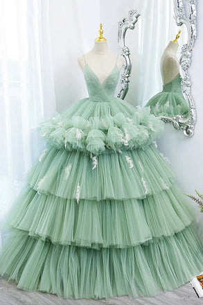 Green Tulle Long A-Line Prom Dress, Green V-Neck Formal Evening Gown CHP0325