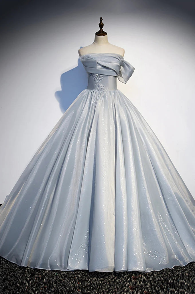 Gray Tulle Long A-Line Prom Dress, Gray Strapless Formal Evening Gown CHP0326
