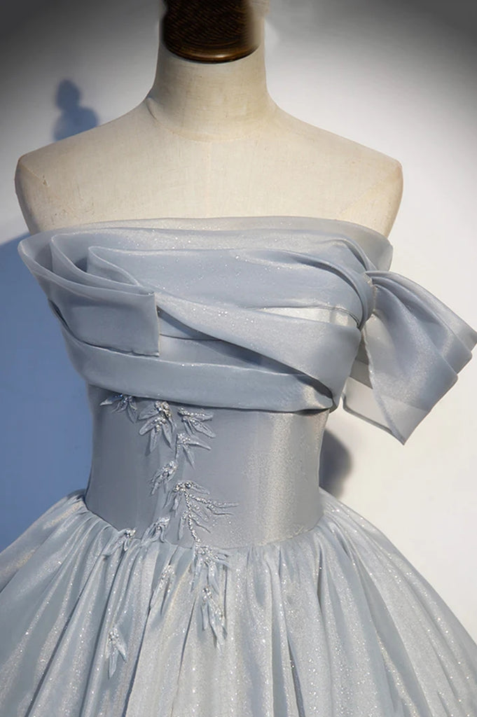 Gray Tulle Long A-Line Prom Dress, Gray Strapless Formal Evening Gown CHP0326