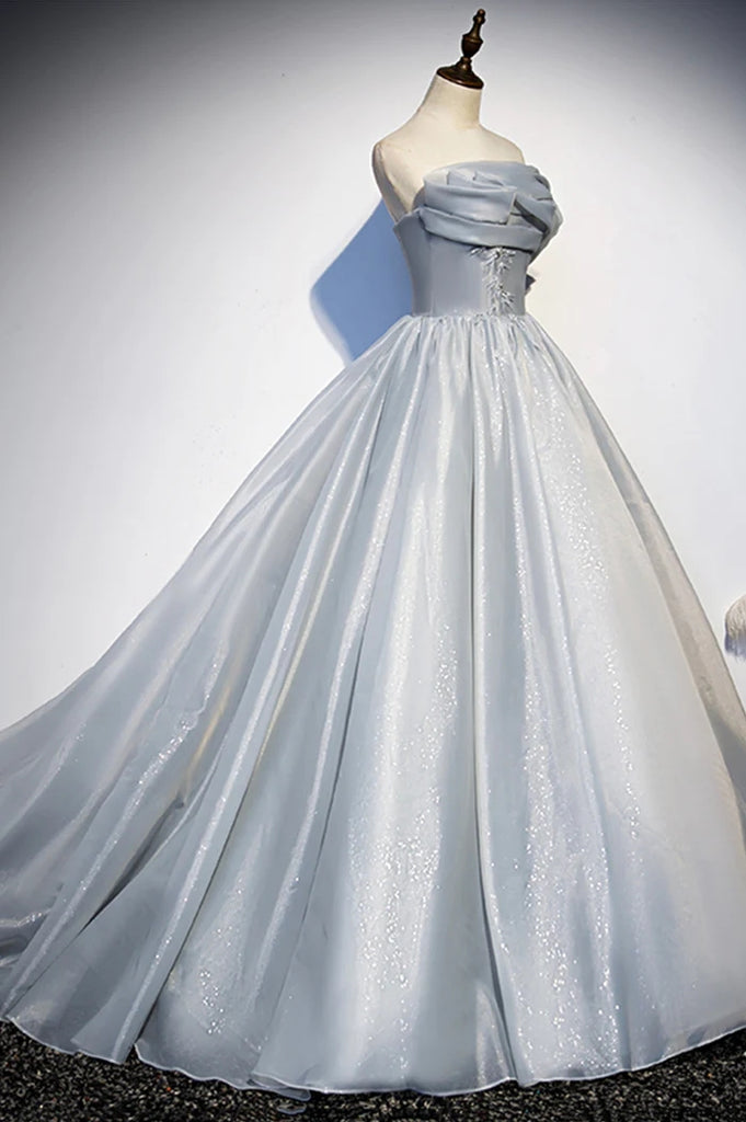 Gray Tulle Long A-Line Prom Dress, Gray Strapless Formal Evening Gown CHP0326