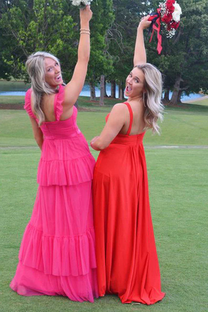 A-Line Pink Tulle Straps Long Prom Dresses, Floor Length Formal Gown CHP0252