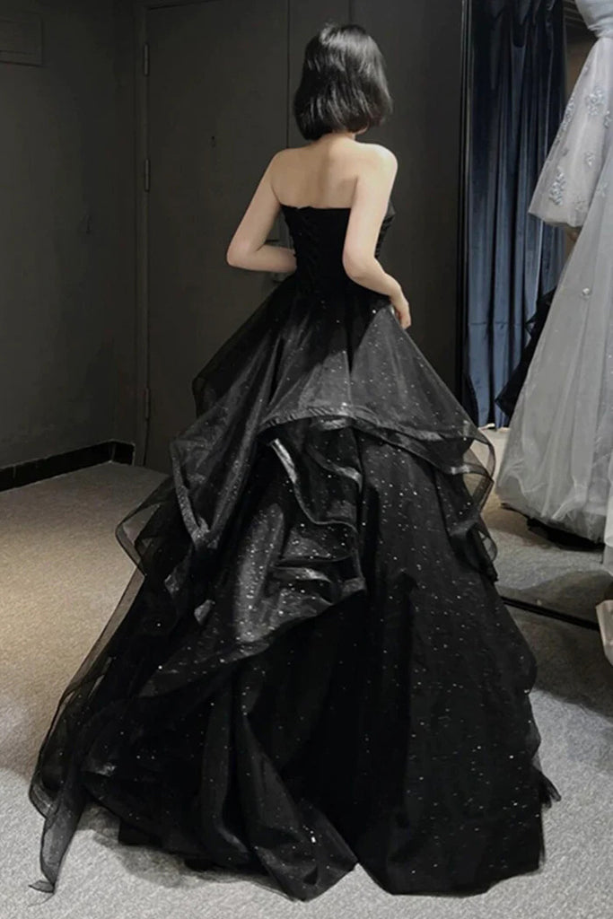 Black A-Line Tulle Layers Long Prom Dress, Strapless Evening Dress CHP cherishgirls Black A-Line Tulle Layers Long Prom Dress, Strapless Evening Dress CHP cherishgirls