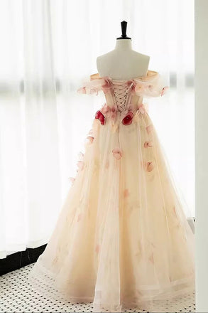 Princess Tulle Off The Shoulder Prom Dress With Flowers, Charming Tulle Party Gown CHP0292