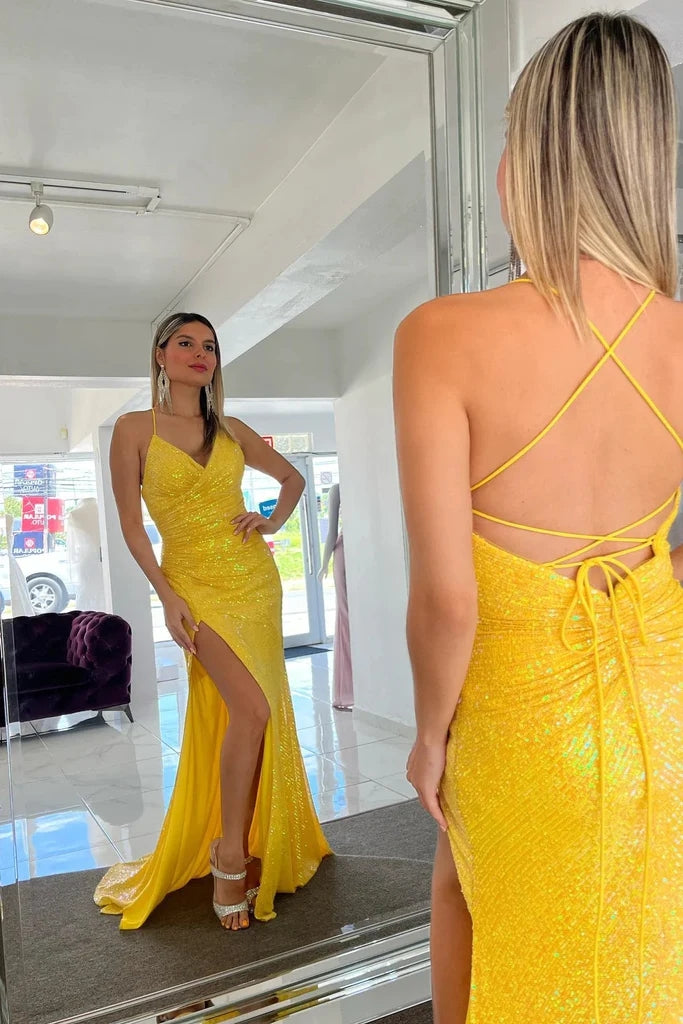 Sparkly Lace Up Mermaid Yellow Sequins Long Prom Dress with Slit CHP0313